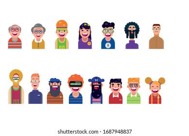 full color   set of 15 cool flat avatars icons. Positive male and female characters different  ages and nations