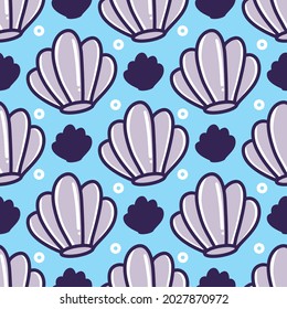 full color simple seamless shell fish pattern doodles on blue background