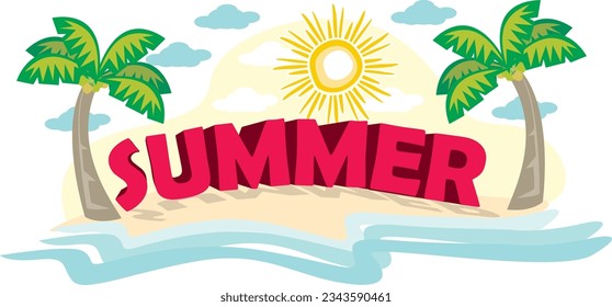 full color summer at the beach vector flat illustration