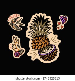 Full color tattoo flash set, traditional tattoo design, flash tattoos illustration set, editable vector graphic