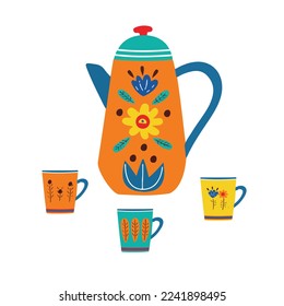 Full color Tea set . Vector illustration of teapots, tea cups, mugs, Colorful print. Sweet home and cozy kitchen. Suitable for tea party