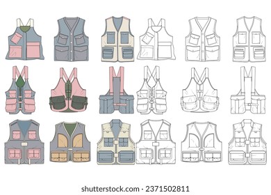 full color vector drawing vest set, vest with sketch style, training template vector vest, vector illustration.
