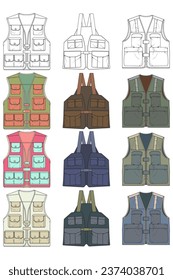 full color vector drawing vest set, vest with sketch style, training template vector vest, vector illustration.
