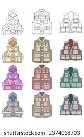 full color vector drawing vest set, vest with sketch style, training template vector vest, vector illustration.
