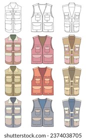 full color vector drawing vest set, vest with sketch style, training template vector vest, vector illustration.
