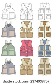 full color vector drawing vest set, vest with sketch style, training template vector vest, vector illustration.
