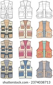 full color vector drawing vest set, vest with sketch style, training template vector vest, vector illustration.
