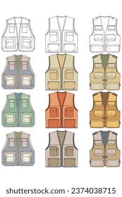 full color vector drawing vest set, vest with sketch style, training template vector vest, vector illustration.
