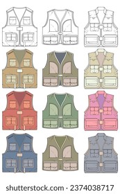 full color vector drawing vest set, vest with sketch style, training template vector vest, vector illustration.
