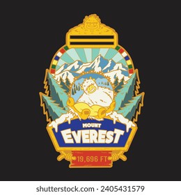 full color vector illustration of the conqueror medal for the mount everest challenge, there is a cute yeti or bigfoot monster in the middle of the medal. Can be used for marathons