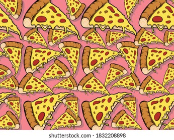 Full color vector illustration, fun cartoon style pepperoni, cheese and hamburger beef pizza slices seamless repeatable background. Illustrator eps graphic design.