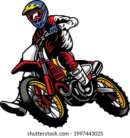 full color vector illustration motocross rider racer take turn   overtake at race in cartoon style
