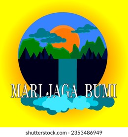 full color vector logo illustration. mountain forest and waterfall.