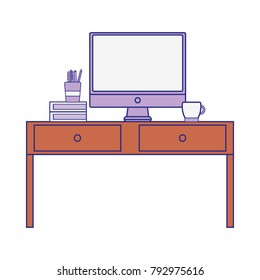 full color wood desk with computer screen and books