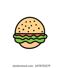 Full colored hamburger with shown ingredients isolated on white background