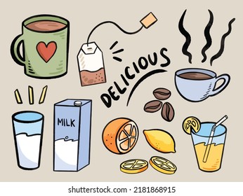 Full colored vintage beverages that you can make at home like lemonade, milk, coffee, and tea. Delicious drinks flat vector illustration collection set