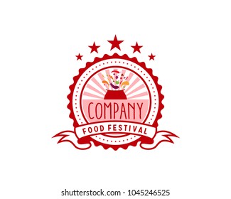 Full Colors Pot Put Out Vegetables with Rays - Food Festival Classic Circle Symbol Vintage Logo Vector