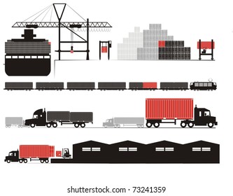 Full container discharge and un-stuffing - Supply chain vector illustration set (Part Three - from full container on board to empty container un-stuffed at the consignee's warehouse)