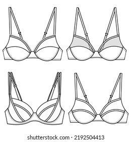 Full Cup Bra, Minimizer Bra, Plunge Bra, Sets Of Bra Fashion Illustration, Vector, CAD, Technical Drawing, Flat Drawing, Template, Mockup.	