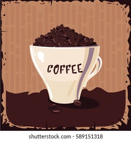 Full cup of coffee bean. Vintage vector illustration.