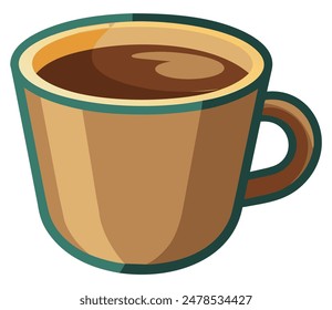 A full cup of coffee with steam and a green rim. Vector illustration
