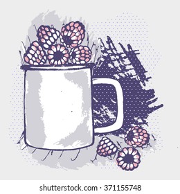 Full cup of delicious sweet raspberry - cartoon sketch - vector illustration