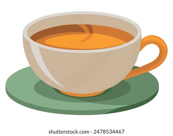 A full cup of tea on a green saucer. Vector illustration