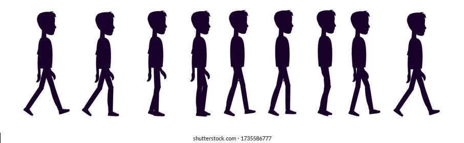 Full cycle of animation of a boy walking. Black and white cartoon sprite