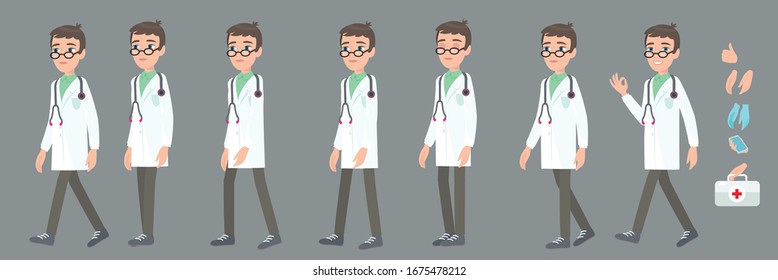 Full cycle animation walking doctor. Young professor of medicine or nurse, a character for the animation. Poses in cartoon style.