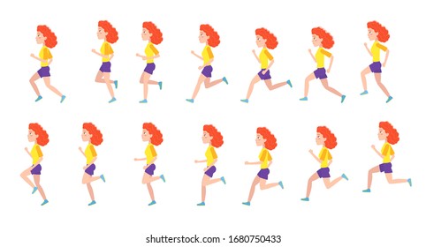 Full cycle animation of a young girl's run. Running woman, a bright character in a cartoon style. Sprites ready animation.