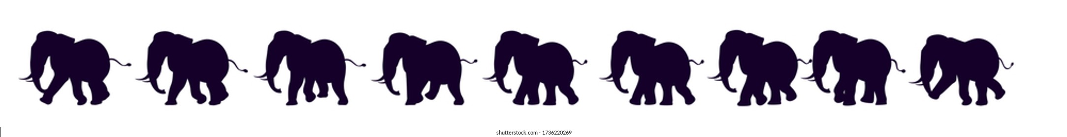Full Cycle Of Animaton Of Elephant.Black And White Silhouette, 2d Character.