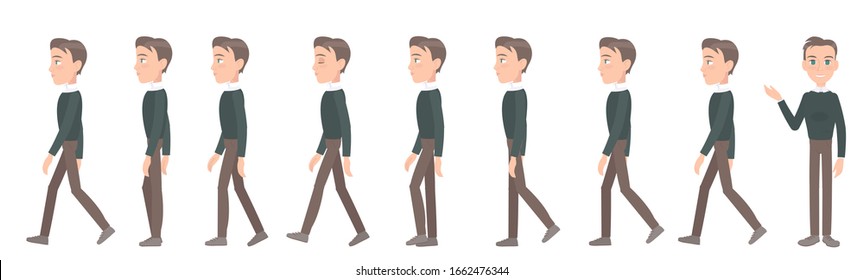 The full cycle of the gait of a handsome young man. Animated rigged character for motion design. Businessman, entrepreneur or teacher, sequences of movement.