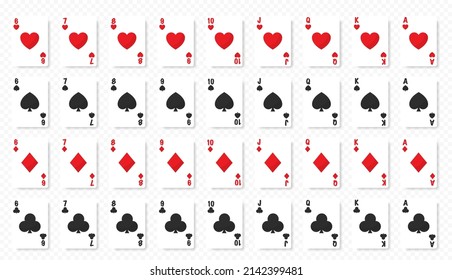  Full deck of playing cards. Realistic playing cards templates. Heart dimond club spade suite cards. Gamble game cards. Vector graphic EPS 10