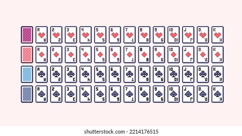 Full deck of poker cards pixel art set. Classic playing cards collection. 8 bit sprite. Game development, mobile app.  Isolated vector illustration.