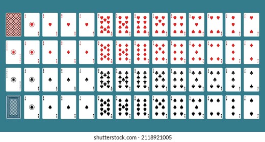 Full deck of poker playing cards on a blue background