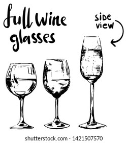 full different wine glasses black and white in engraving style. isolated illustration in side view