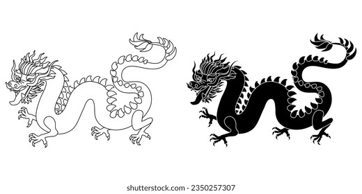 Full dragon in profile for Chinese New Year 2024 - a black silhouette and a blank black outline drawing to use as a basis for coloring.