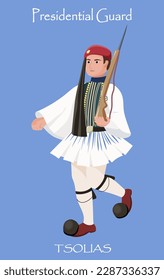 Full dress ceremonial uniform of the Presidential Guard of Greece. Tsolias. Athens. Vector illustration of traditions of different countries.