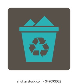 Full Dustbin vector icon. Style is flat rounded square button, cyan and grey colors, white background.