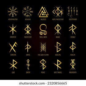 Full editable collection of norse symbols with meanings like protection, love, healing, safe travelling, compass, good luck, brave or courage and more.