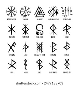 Full editable collection of norse symbols with meanings like protection, love, healing, safe travelling, compass, good luck, brave or courage and more.