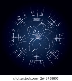 Ilustração completa editável de jasmim rodeado pelo símbolo vegvisir.