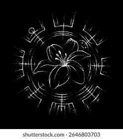 Full editable illustration of jasmine surrounded by vegvisir symbol.