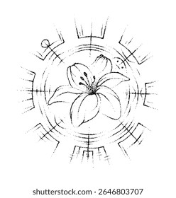 Ilustração completa editável de jasmim rodeado pelo símbolo vegvisir.