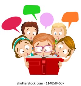 Full of emotion kids reading the book. Girl with glasses holds with both hands open textbook in red cover. Children have interjection on their faces and gestures, above them dialogue clouds