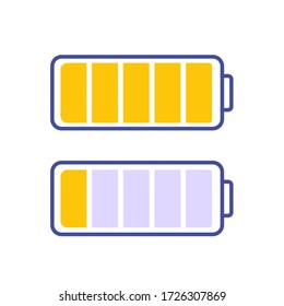 Full and empty battery charge design on an isolated white background. The concept of emotional burnout. Flat style. Icon for site applications, print on fabric and clothes. Vector stock graphic.