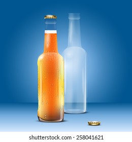 Full and empty beer bottle on blue background - vector illustration