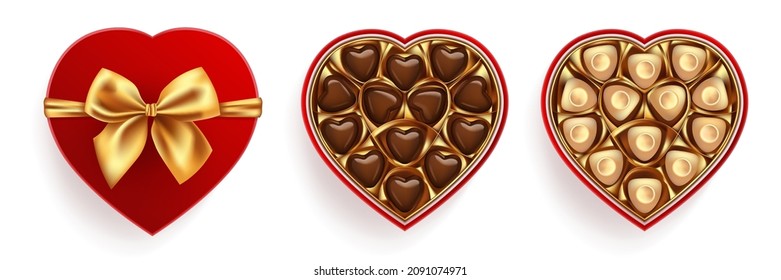 Full and empty box of chocolate sweets in heart shape. Red lid with golden bow. Top view vector illustration isolated. Realistic 3d design, romantic concept