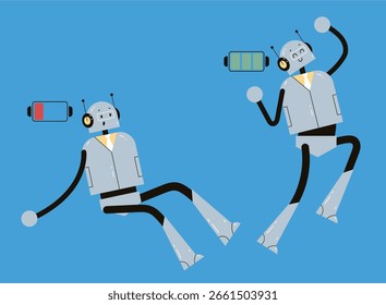 Bateria de energia completa e vazia robô conceito de design simples de estilo plano. Ilustração gráfica de desenho animado plano vetorial