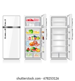 Full And Empty Fridge Isolated On White Photo-realistic Vector Illustration